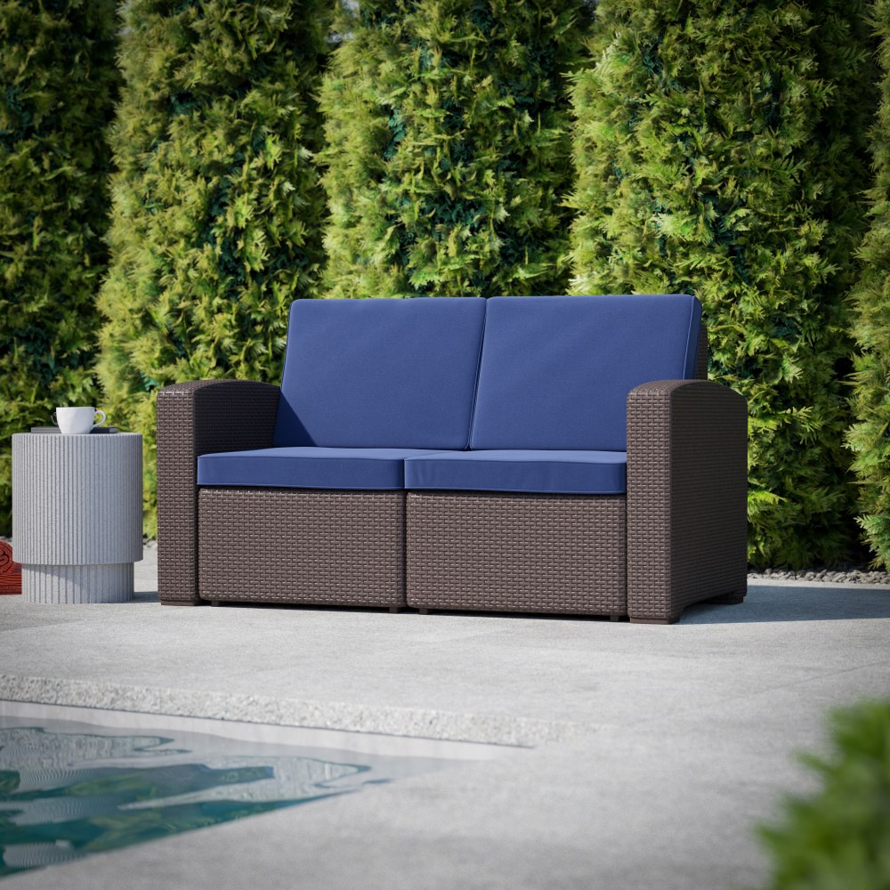 Flash Furniture Faux Rattan Loveseat With All Weather Cushions, 32inH x 55-1/2inW x 28inD, Navy/Chocolate Brown MPN:DADSF12BNNV