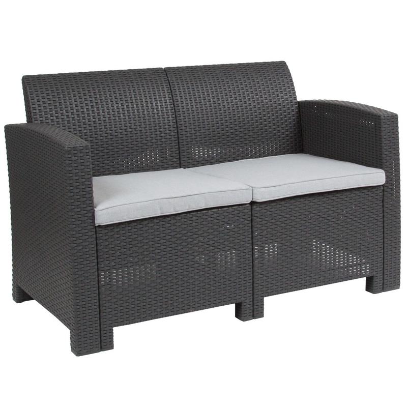 Flash Furniture Faux Rattan Loveseat with All-Weather Cushions, Dark Gray MPN:DADSF22DKGY