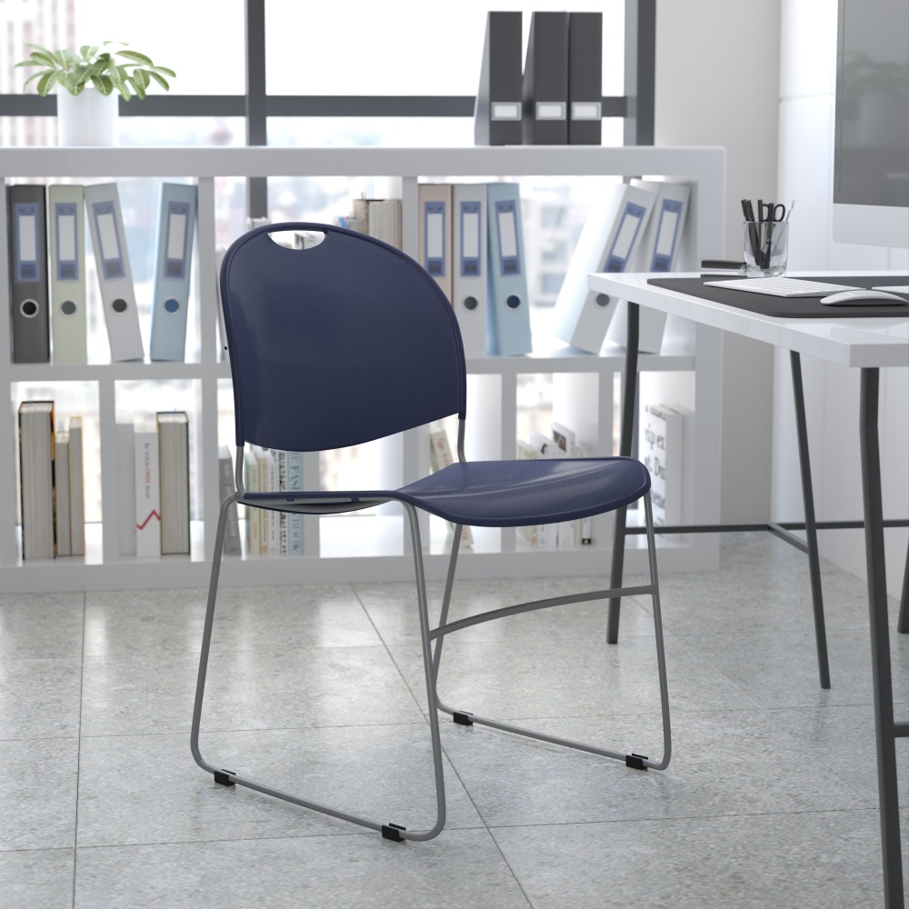 Flash Furniture HERCULES Plastic Ultra-Compact Stack Chair, Navy/Silver MPN:RUT188NY