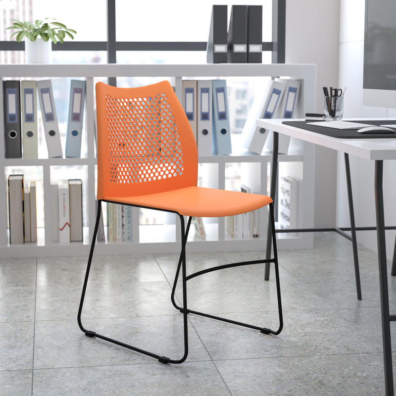 Flash Furniture HERCULES Series Sled-Base Stack Chair With Air-Vent Back, Orange/Black MPN:RUT498AOR