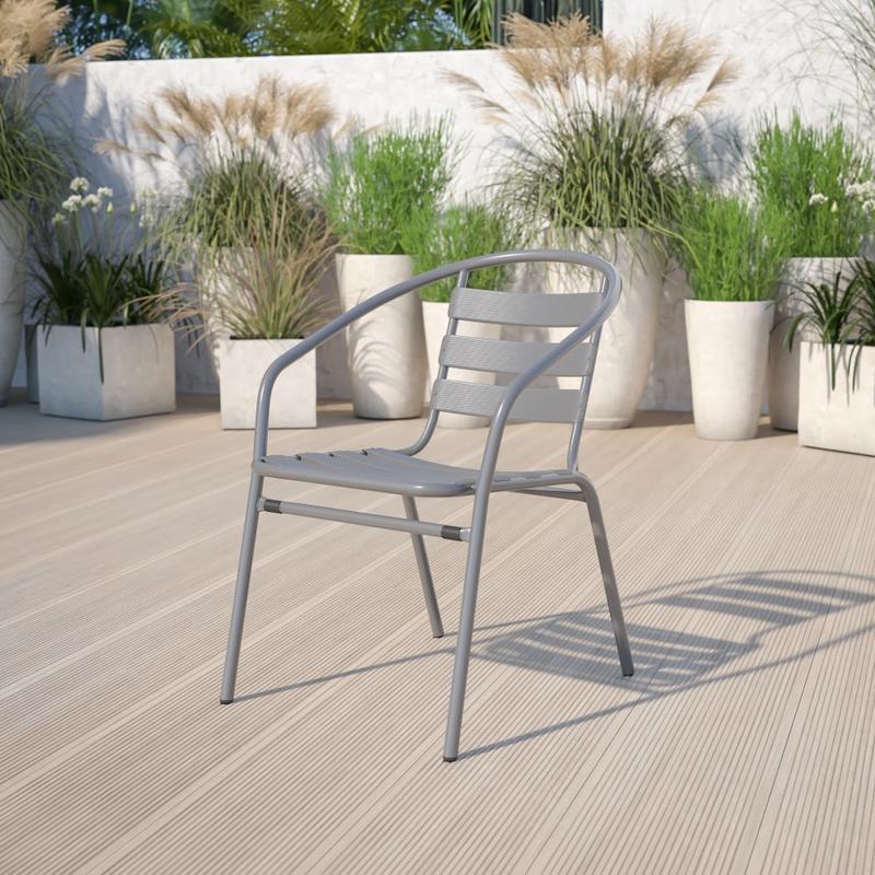 Flash Furniture Metal Slat-Back Restaurant Stack Chair, 28-1/2inH x 21-1/2inW x 24inD, Silver MPN:TLH017C