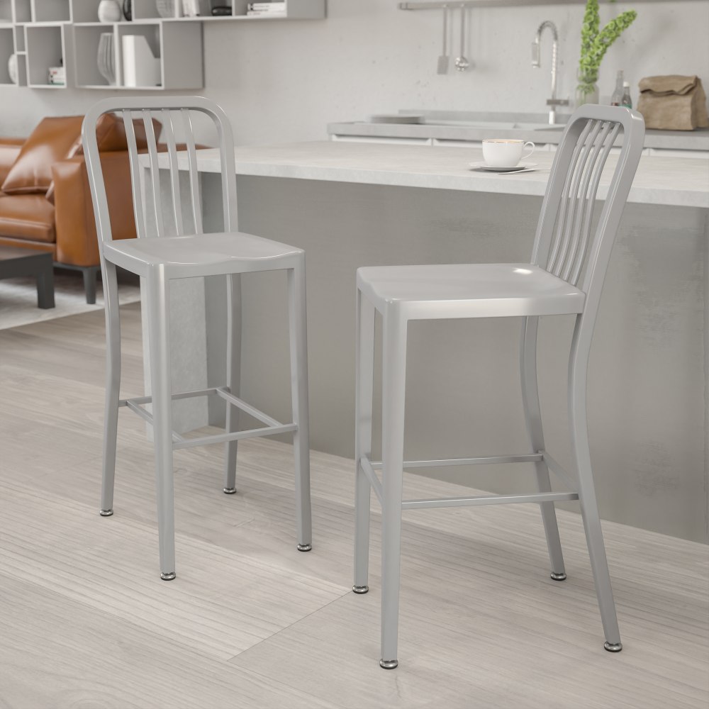 Flash Furniture Commercial-Grade Indoor/Outdoor Bar Stools With Vertical Slat Backs, Silver, Set Of 2 Stools MPN:2CH6120030SIL