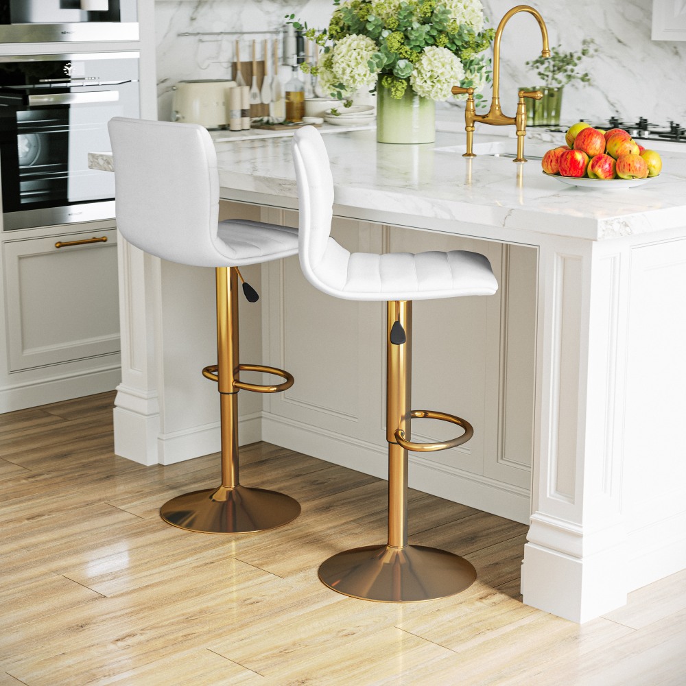 Flash Furniture Modern Vinyl Adjustable Height Barstool with Horizontal Stitch Back, Set of 2, White Vinyl/Gold Frame MPN:2CH920231WHG