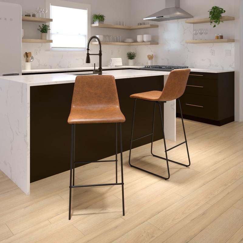 Flash Furniture LeatherSoft Faux Leather 30in Bar Stools, Set Of 2 Bar Stools, Light Brown/Black MPN:2ETER1834530LB