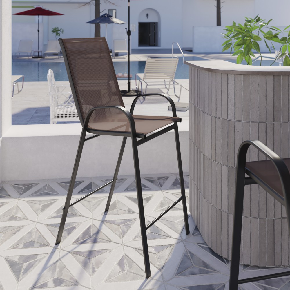 Flash Furniture Brazos Series Flex Comfort Outdoor Barstools With Backs And Metal Frames, Brown/Black, Set Of 2 Barstools MPN:2JJ092HB