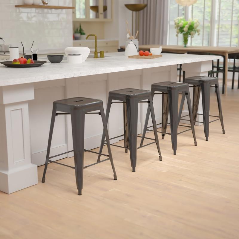 Flash Furniture 24in Metal Counter-Height Bar Stools, Set Of 4 Bar Stools, Black MPN:4ET3132024BKR