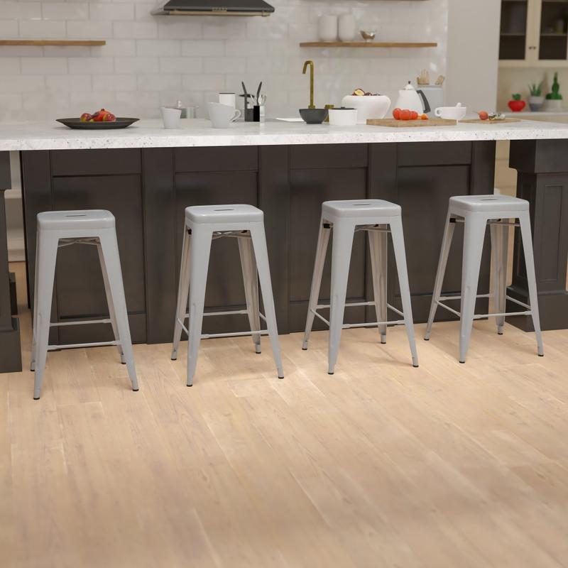 Flash Furniture 30in Metal Indoor Bar Stools, Set Of 4 Bar Stools, Silver MPN:4ET3132030SVR