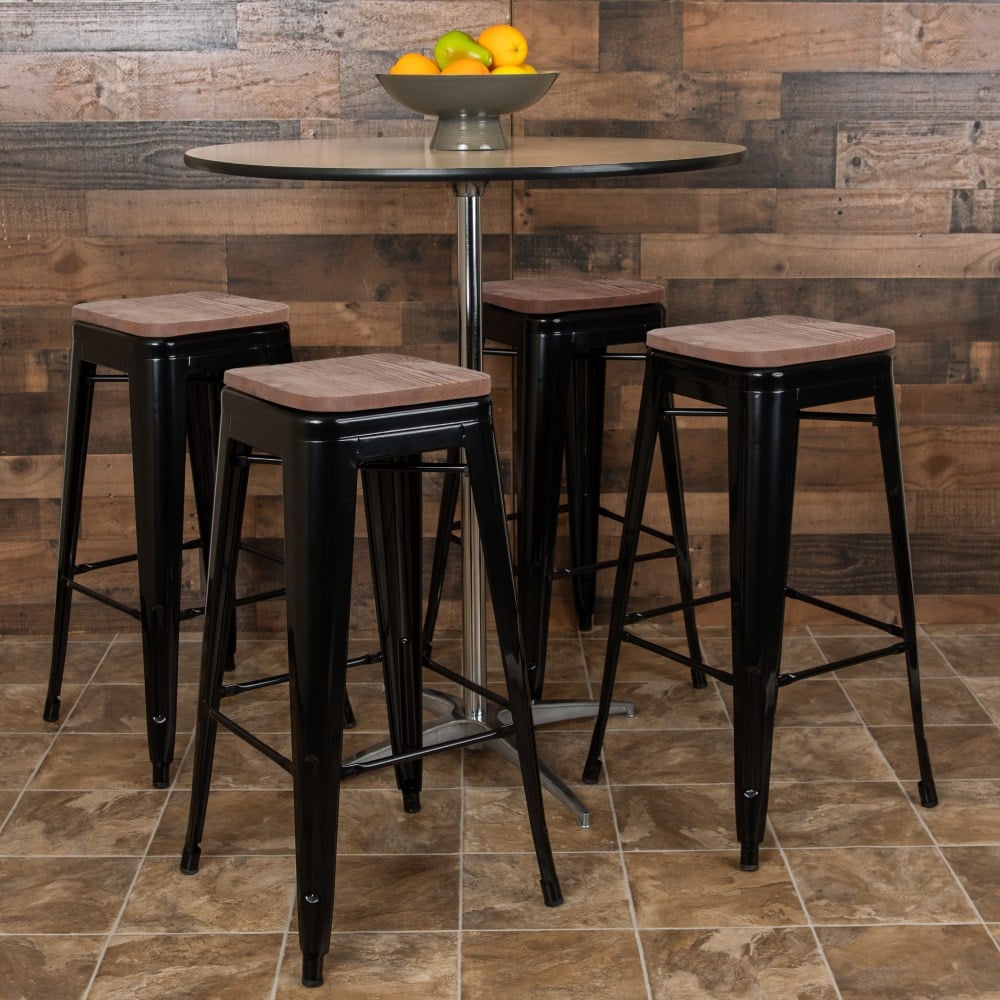 Flash Furniture 30in High Metal Indoor Bar Stool with Wood Seat - Stackable Set of 4, Black MPN:4ET31320W30BKR