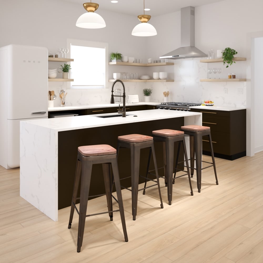 Flash Furniture 30in High Metal Indoor Bar Stool with Wood Seat - Stackable Set of 4, Gun Metal MPN:4ET31320W30GNR