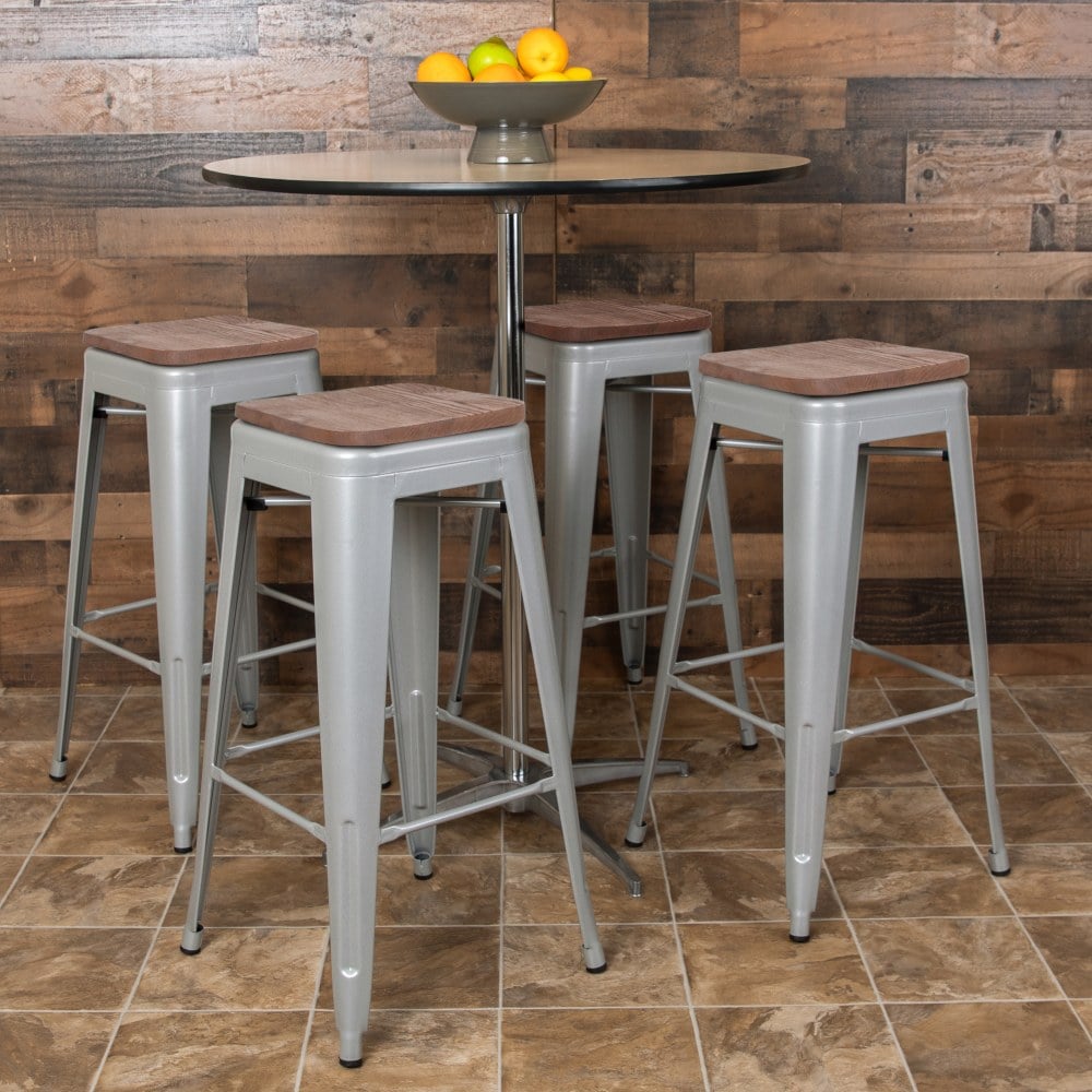 Flash Furniture 30in High Metal Indoor Bar Stool with Wood Seat - Stackable Set of 4, Silver MPN:4ET31320W30SVR