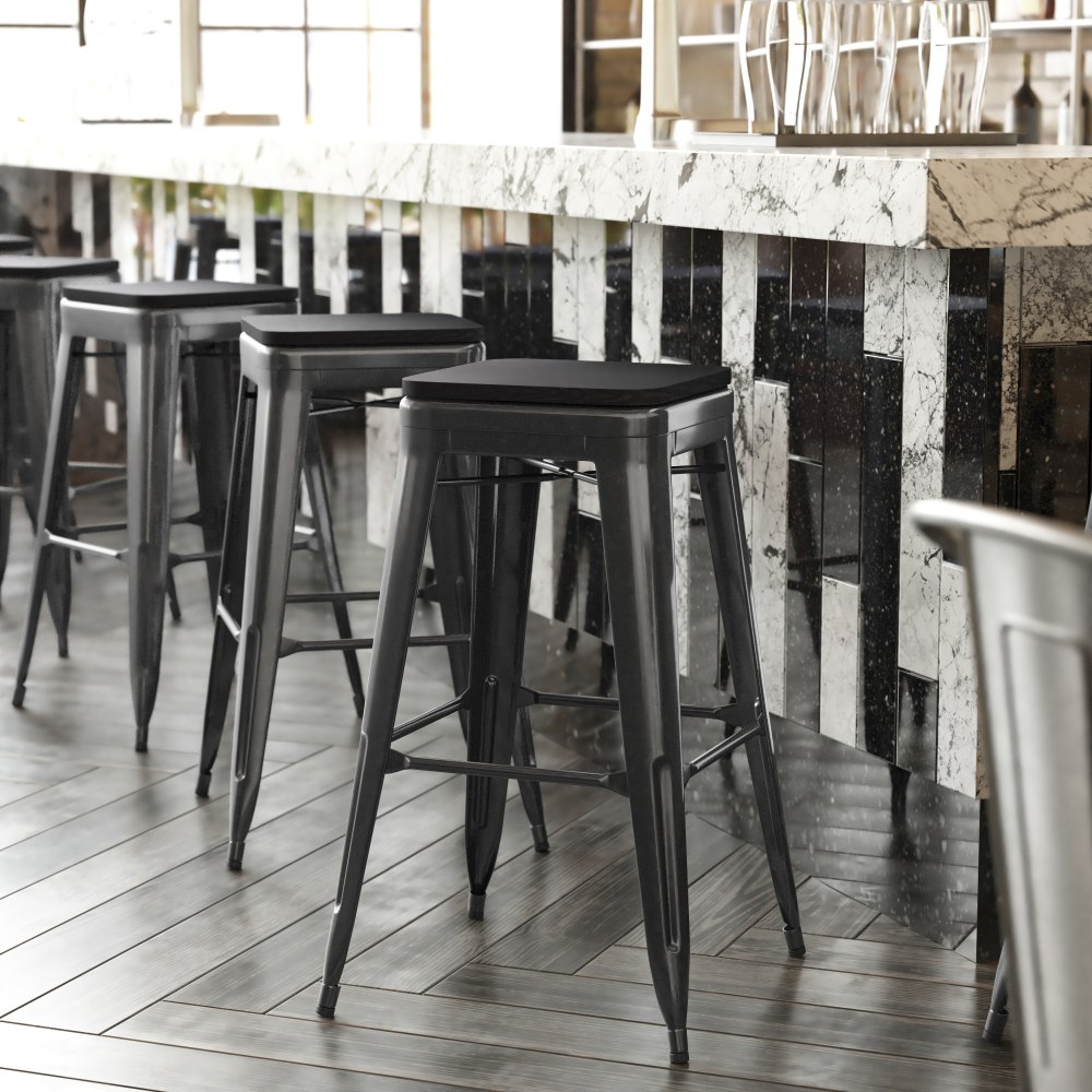 Flash Furniture Cierra Set of 4 Commercial Grade 30in High Backless Metal Indoor Bar H Stools, Black Resin Wood Seat/Black Frame - 4ET32030BKRPL2B MPN:4ET32030BKRPL2B