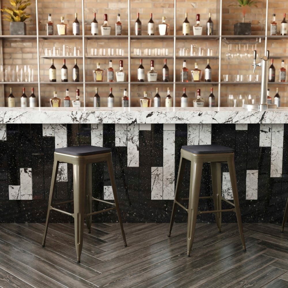 Flash Furniture Cierra Set of 4 Commercial Grade 30in High Backless Metal Indoor Bar H Stools, Black Resin Wood Seat/Gun Metal Frame - 4ET32030GNRPL2B MPN:4ET32030GNRPL2B