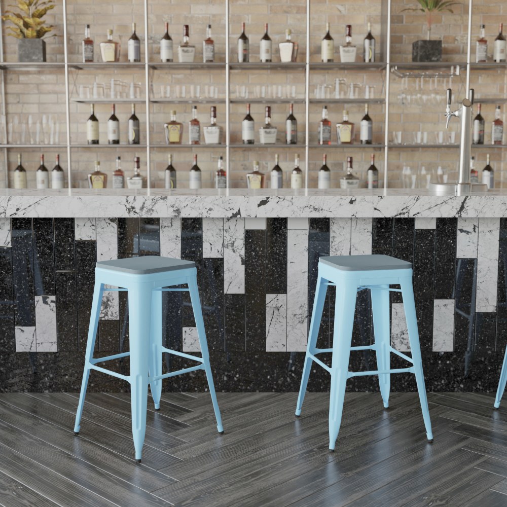 Flash Furniture Cierra Set of 4 Commercial Grade 30in High Backless Metal Indoor Bar H Stools, Teal-Blue Resin Wood Seat/Teal Frame - 4ET32030TLRPL2C MPN:4ET32030TLRPL2C