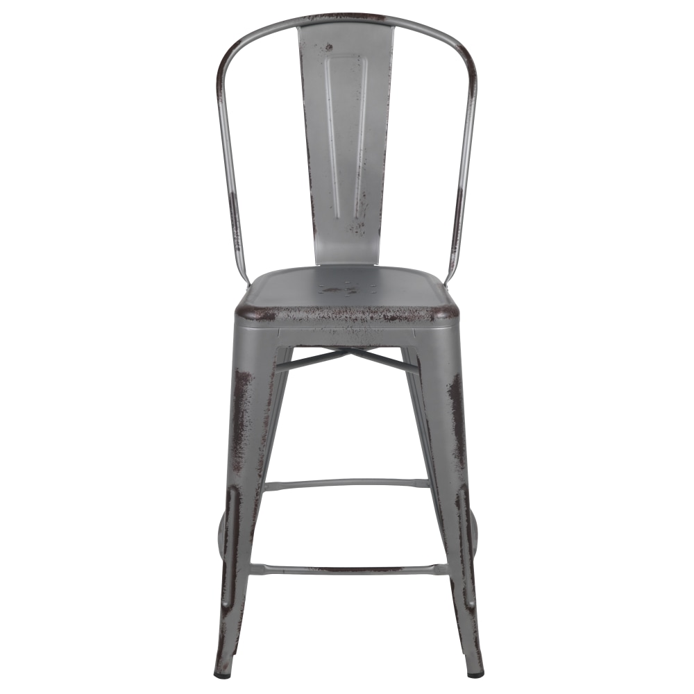 Flash Furniture Commercial-Grade 24inH Distressed Indoor/Outdoor Metal Bar Stools With Backs, Set Of 4 Bar Stools, Silver MPN:4ET353424SIL
