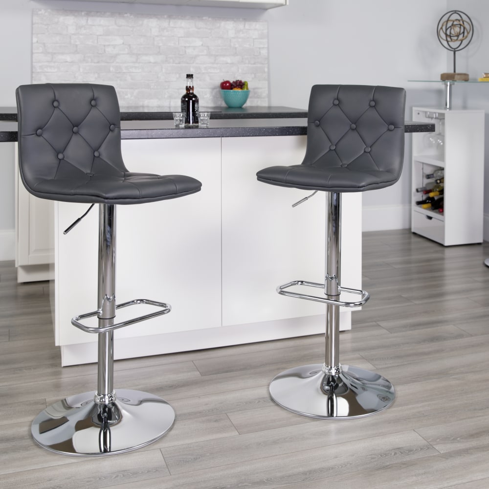 Flash Furniture Contemporary Button-Tufted Vinyl AdjustableH Bar Stool With Back, Gray, CH112080GY MPN:CH112080GY