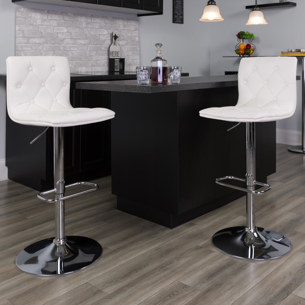 Flash Furniture Contemporary Button-Tufted Vinyl AdjustableH Bar Stool With Back, Gray, CH112080WH MPN:CH112080WH