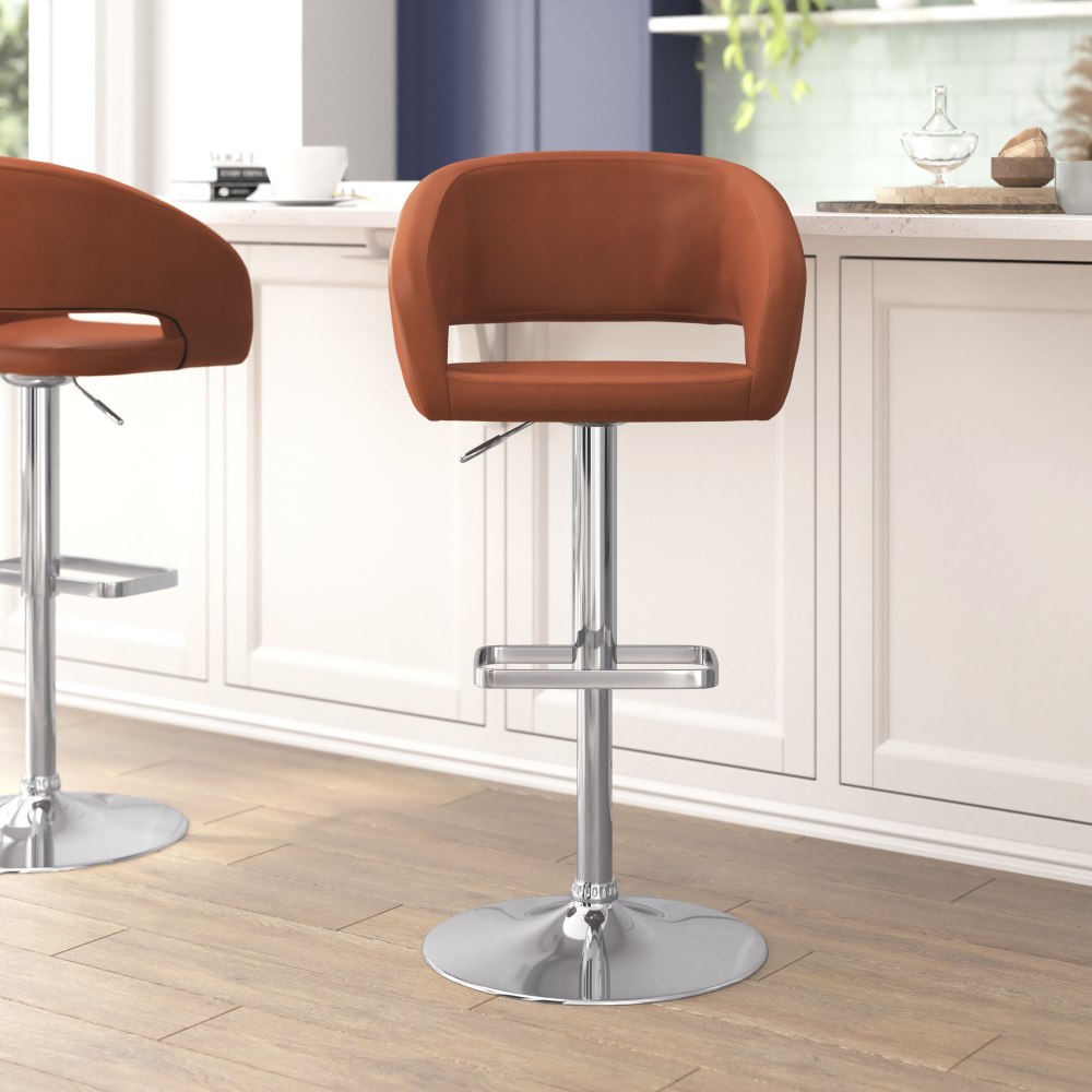 Flash Furniture Contemporary Vinyl Adjustable Height Bar Stool With Rounded Back, Cognac/Chrome MPN:CH122070BR