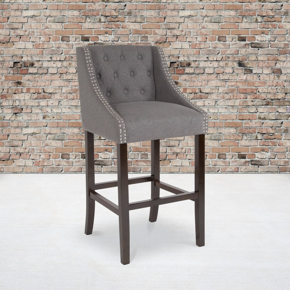 Flash Furniture Carmel Series 30in High Transitional Fabric Tufted Walnut Barstool with Accent Nail Trim, Dark Gray Fabric MPN:CH182020T30DGYF