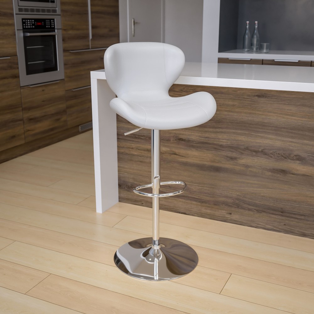 Flash Furniture Contemporary Adjustable Height Vinyl Barstool with Curved Back and Chrome Base, White Vinyl MPN:CH321WH