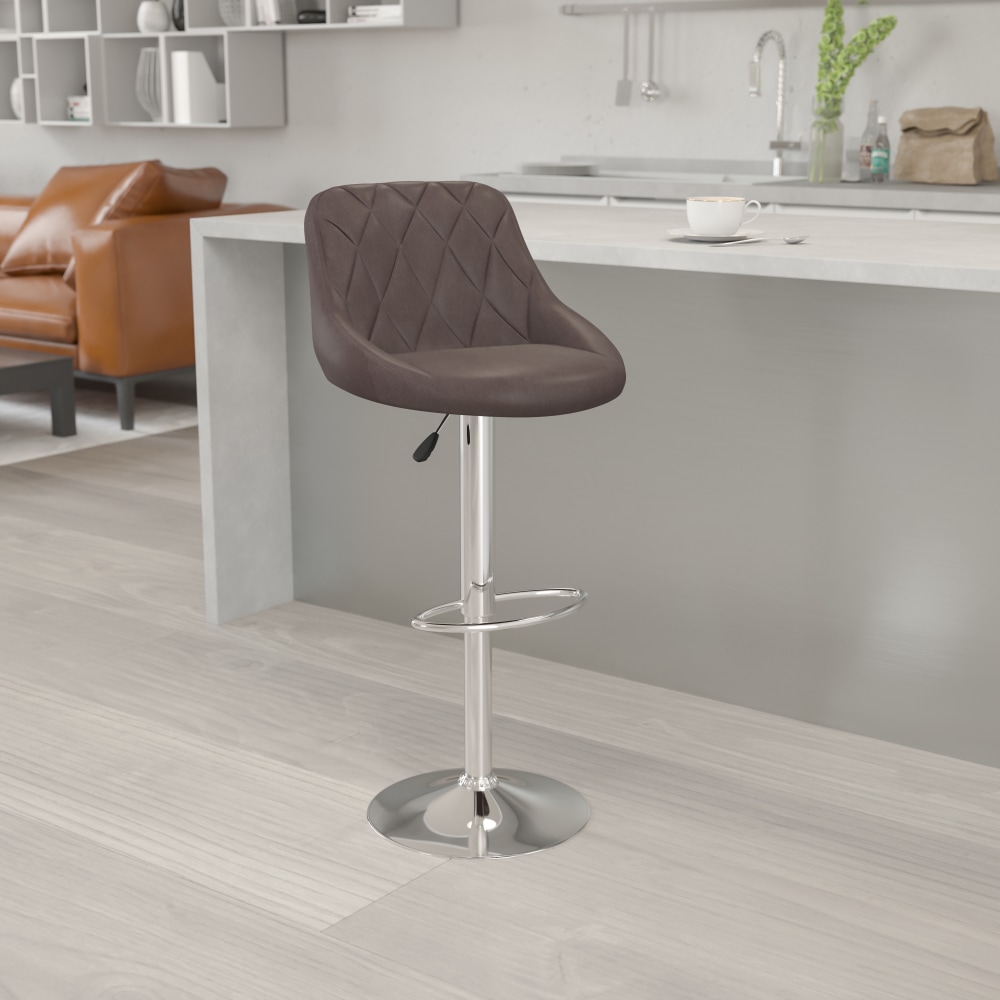 Flash Furniture Contemporary Vinyl Bucket Seat Adjustable Height Barstool with Diamond Pattern Back and Chrome Base, Brown MPN:CH82028ABRN