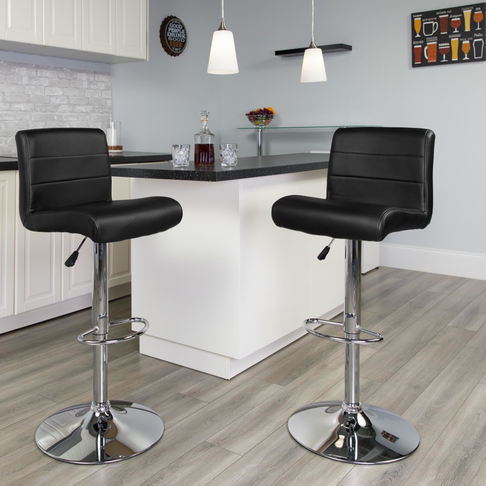 Flash Furniture Contemporary Vinyl Adjustable Height Barstool with Rolled Seat and Chrome Base, Black MPN:DS8110BBK