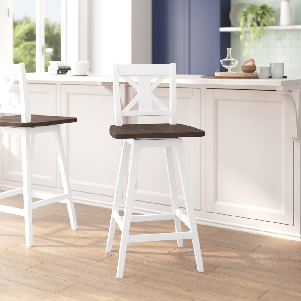 Flash Furniture Gwendolyn Commercial Grade Solid Wood Modern Farmhouse Swivel Bar Height Barstool, Antique White Wash Frame/Gray Wash Seat MPN:ESG129WH