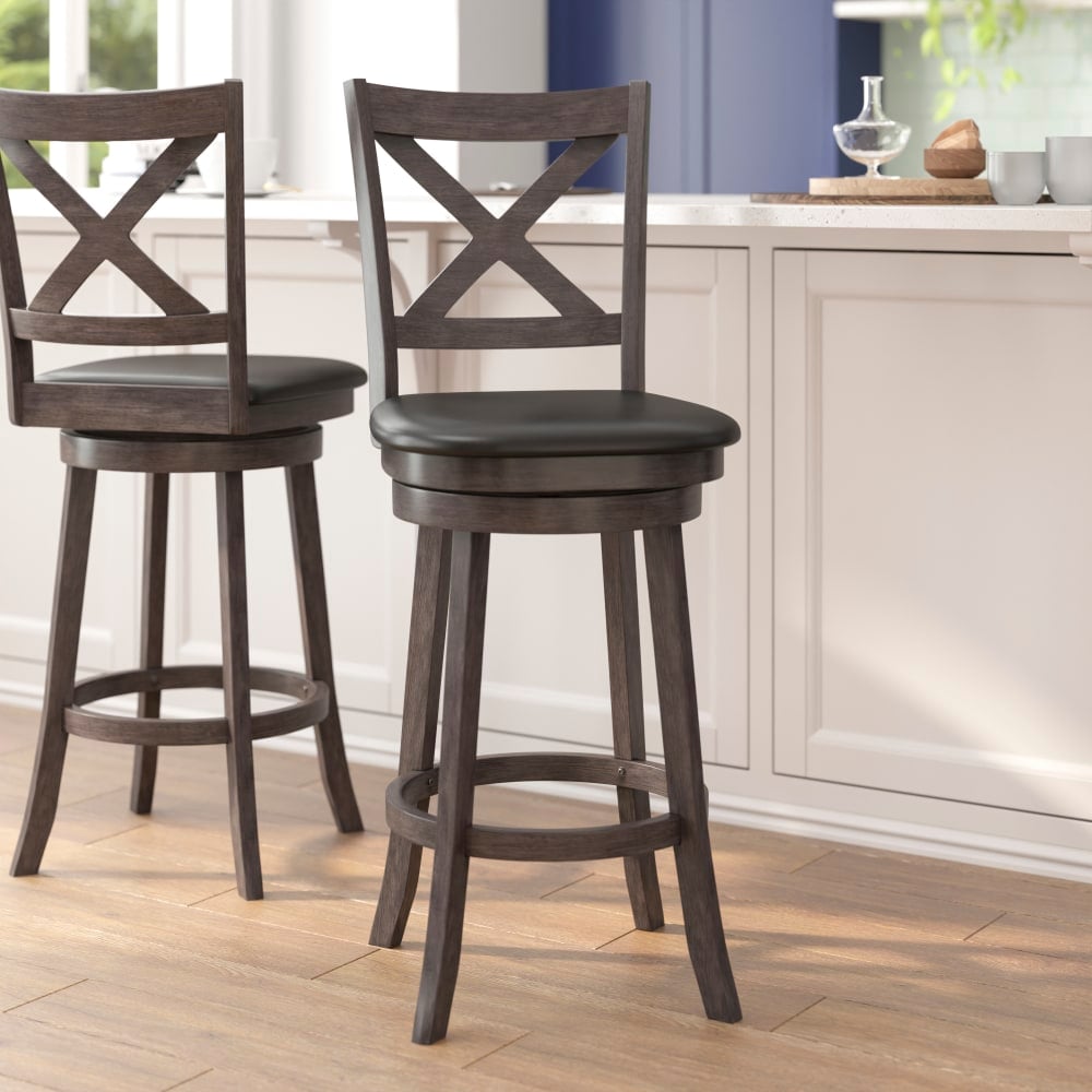 Flash Furniture Felicity Commercial Grade Wood Classic Crossback Swivel Bar Barstool with Padded, Upholstered Seat, Black Vinyl/Gray Wash Walnut Frame MPN:ESUN129GY