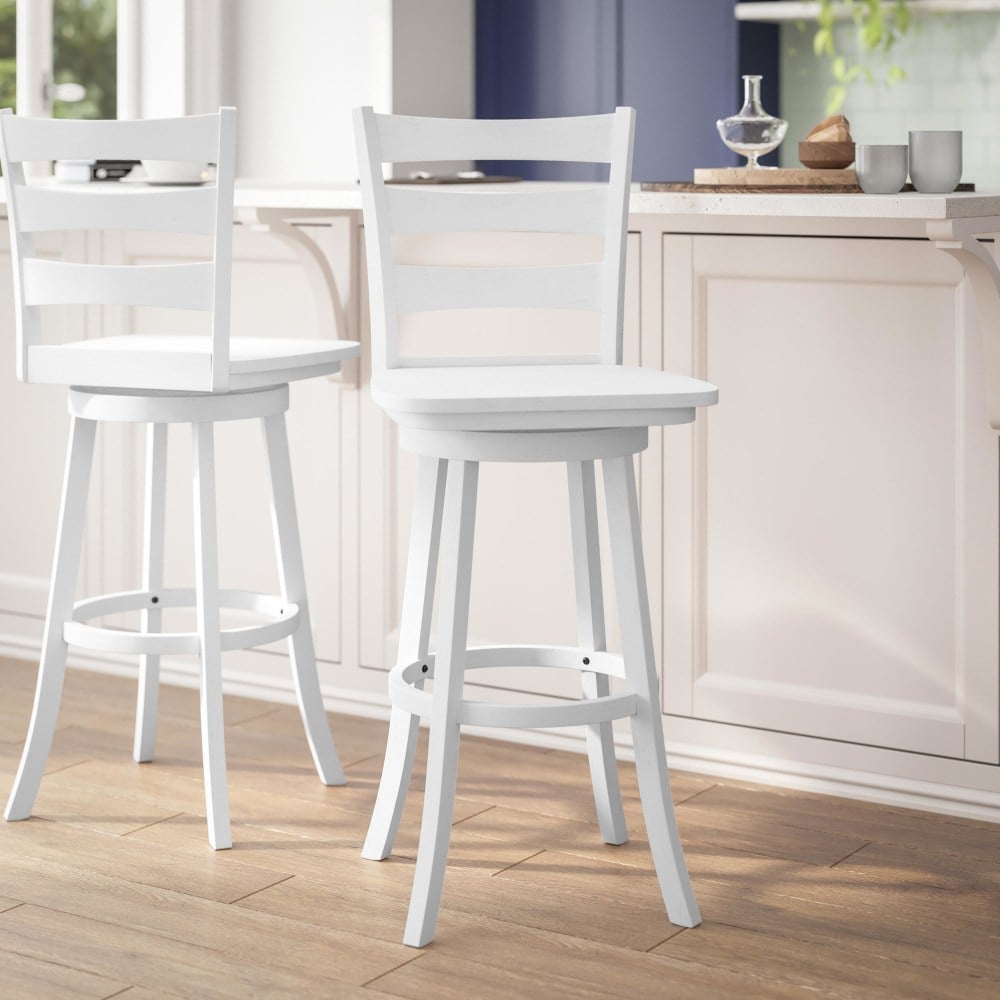 Flash Furniture Liesel Commercial Grade Wooden Classic Ladderback Swivel Bar Height Barstool with Solid Wood Seat, White Wash MPN:ESUN31WS29WH