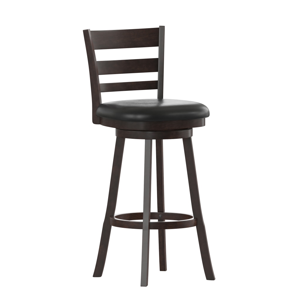 Flash Furniture Zerrick Commercial Grade Wood Classic Ladderback Swivel Bar Height Barstool with Padded, Upholstered Seat, Black Vinyl/Espresso Frame MPN:ESUN329ESP