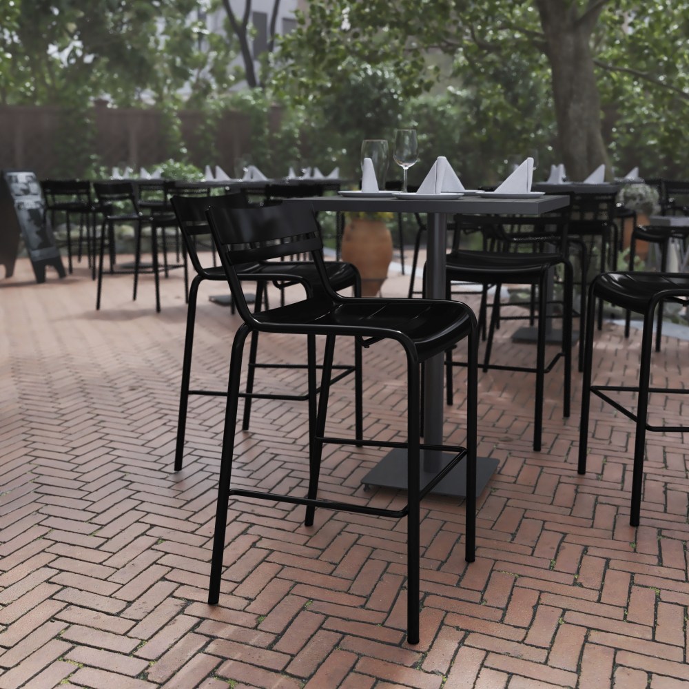 Flash Furniture Nash Commercial-Grade Metal Indoor/Outdoor Bar-Height Stool With Back And 2 Slats, Black MPN:XUCH10318BBK
