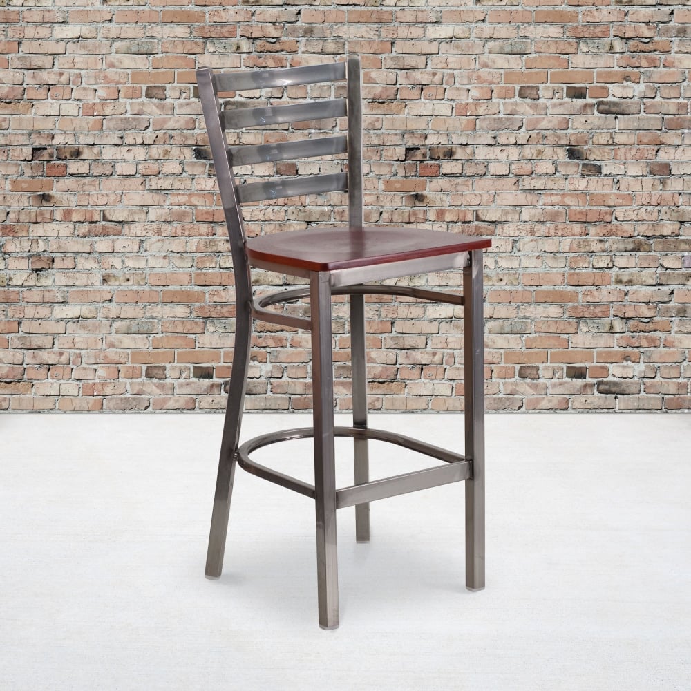 Flash Furniture Clear-Coated Ladder Back Metal/Wood Restaurant Bar Stool, Mahogany/Clear MPN:XUDG697CBARMAW