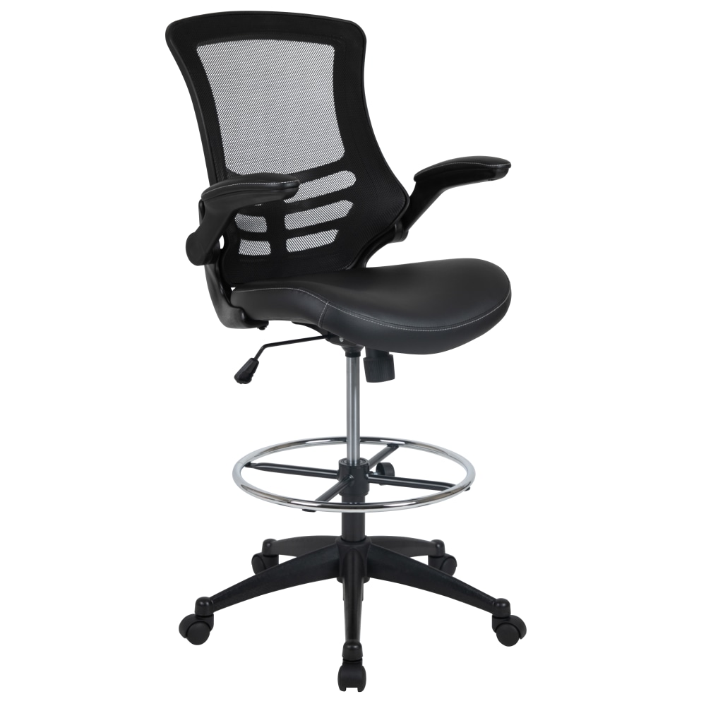 Flash Furniture Mid-Back Mesh/LeatherSoft Drafting Chair with Flip-Up Arms, Black MPN:BLX5MDBKLEA