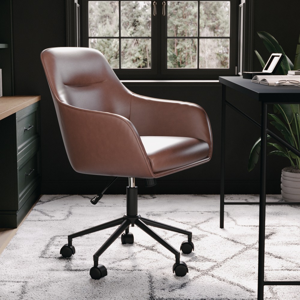 Martha Stewart Rayna Faux Leather Upholstered Mid-Back Office Task Chair, Saddle Brown/Oil-Rubbed Bronze MPN:CH2209216BRBK