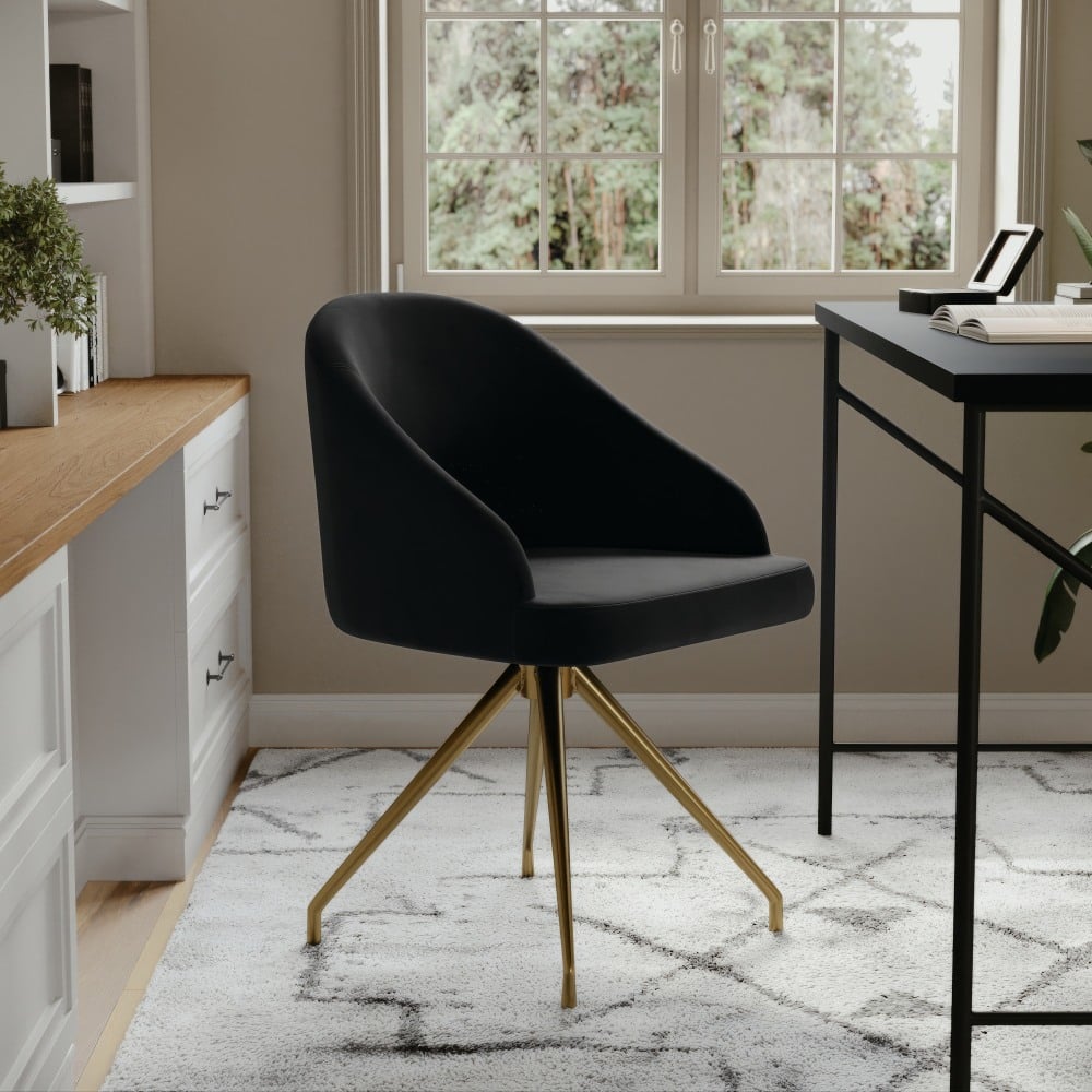 Martha Stewart Sora Upholstered Mid-Back Stationary Office Task Chair, Velvet, Black/Polished Nickel MPN:CH222119BKGLD
