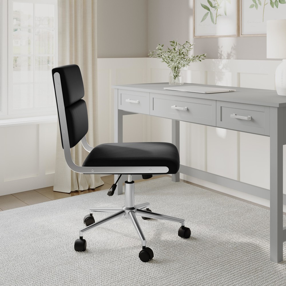 Martha Stewart Lulu Upholstered Office Chair, Black Faux Leather/Polished Nickel Frame MPN:CH2402291BK