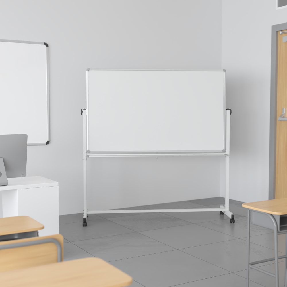 Flash Furniture HERCULES Series Double-Sided Mobile White Board With Pen Tray, 64-3/4inH x 64-1/4inW x 20inD, White, Gray Frame MPN:YUYCI001