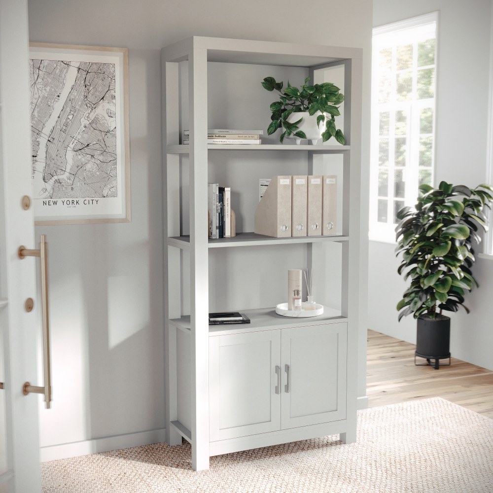 Martha Stewart Hutton 68inH 4-Shelf Shaker Bookcase With Storage Cabinet, Gray/Brushed Nickel MPN:ZG053GY