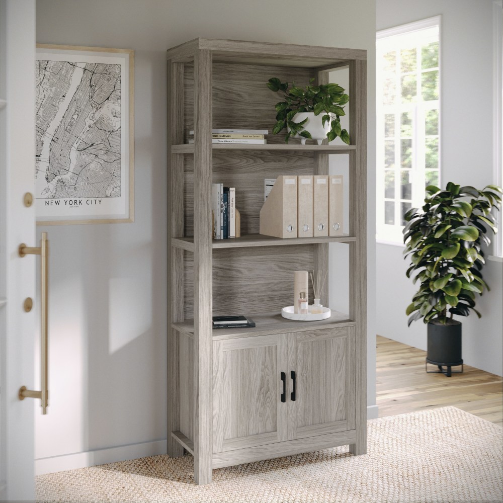 Martha Stewart Hutton 68in Shaker Bookcase with Storage Cabinet, Gray Washed Wood/Oil Rubbed Bronze MPN:ZG053GYBK