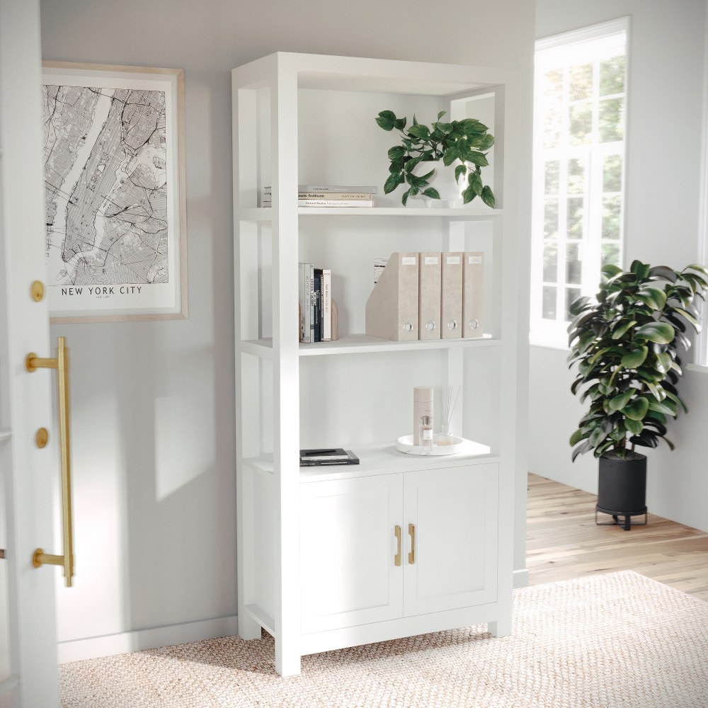 Martha Stewart Hutton 68inH 4-Shelf Shaker Bookcase With Storage Cabinet, White/Polished Brass MPN:ZG053WHGLD