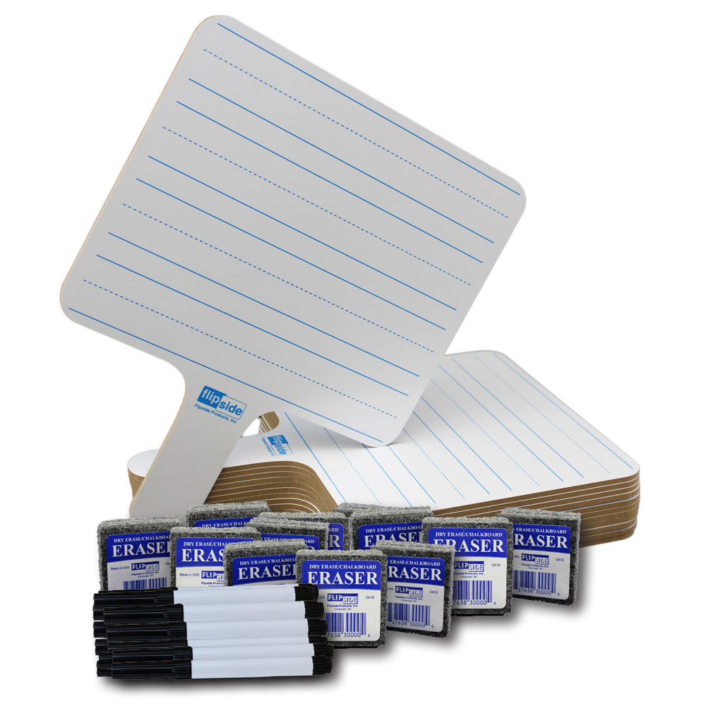 Flipside Products 2-Sided Rectangular Dry-Erase Writing Paddles With Pens And Erasers, 7-3/4in x 10in, White, Class Pack Of 12 Paddles MPN:FLP18123