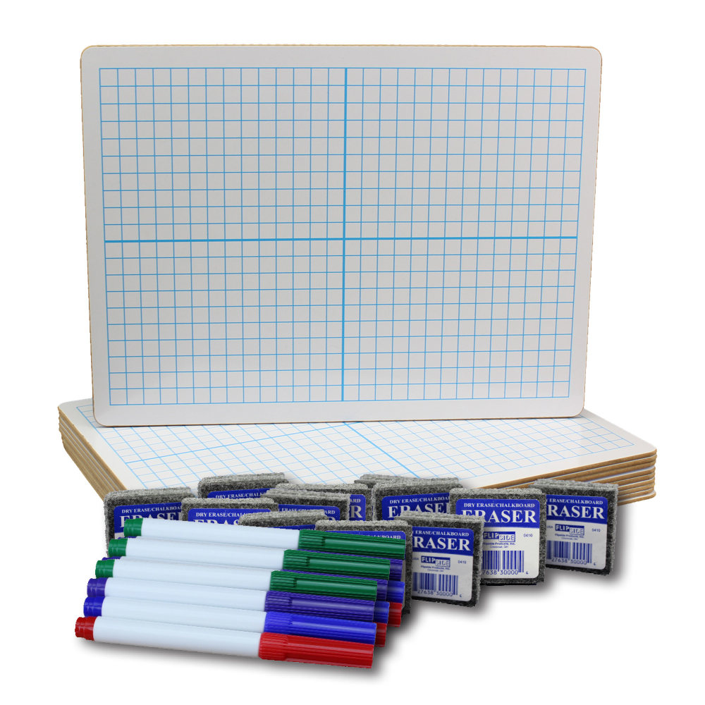 Flipside Products 2-Sided Dry-Erase Boards With Colored Pens And Erasers, 9in x 12in, XY Axis/Plain, Class Pack Of 12 Boards MPN:FLP19100