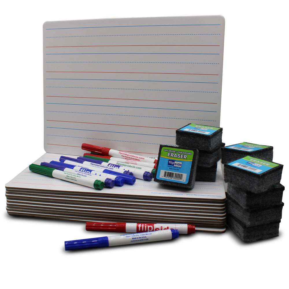 Flipside Products Magnetic 2-Sided Dry-Erase Boards With Erasers And Colored Pens, 9in x 12in, Red & Blue Ruled/Plain, Class Pack Of 12 Boards MPN:FLP19176