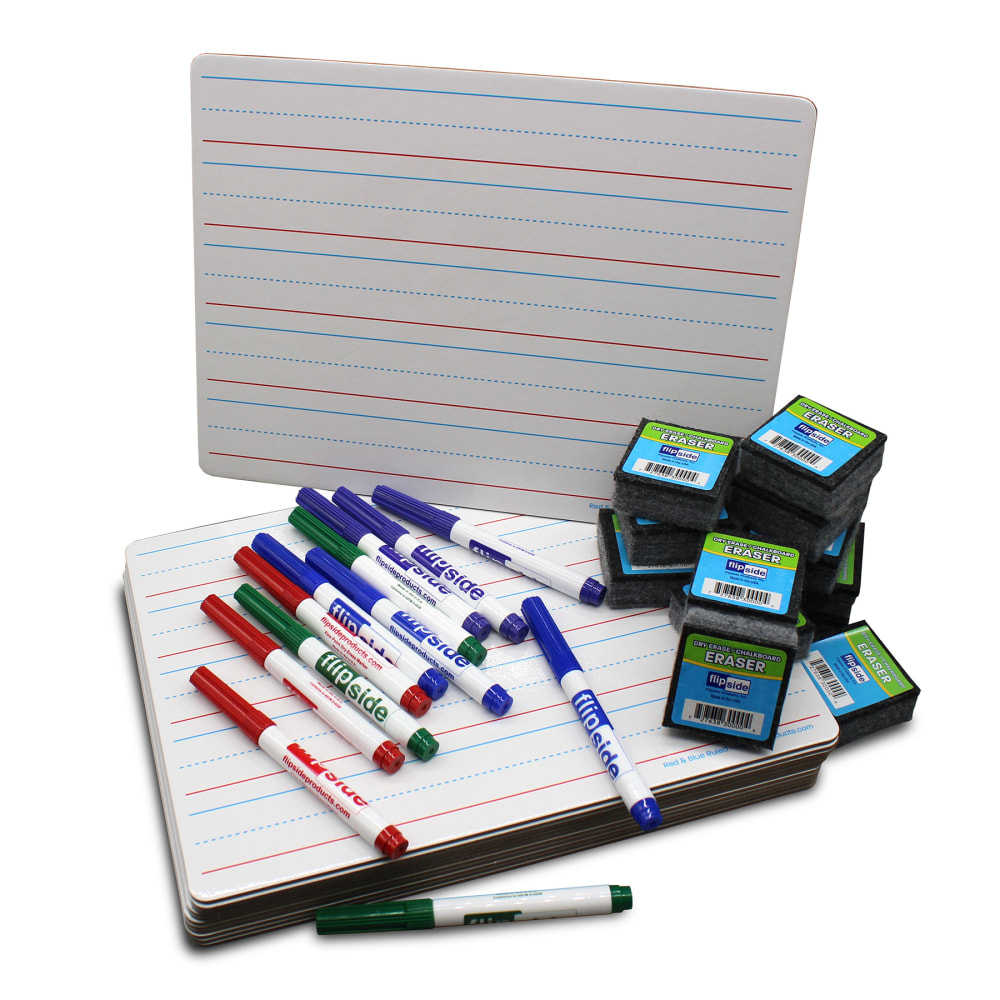 Flipside Products 2-Sided Rectangular Dry-Erase Boards With Colored Pens And Student Erasers, 9inx12in, Red & Blue Ruled/Plain, Class Pack Of 12 Boards MPN:FLP21134