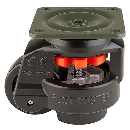 Leveling Caster, 63 mm Nylon Wheel, 90x90 mm Plate, Swivel, 550 kg Cap, NBR Foot Pad, Black MPN:GD-80-F-NYN-FBL