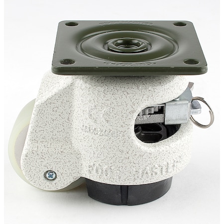 Leveling Caster, Ratchet, 50 mm PU Wheel, 73x73 mm Plate, Swivel, 250 kg Cap, NBR Foot Pad, Ivory MPN:GDR-60-F-HUP