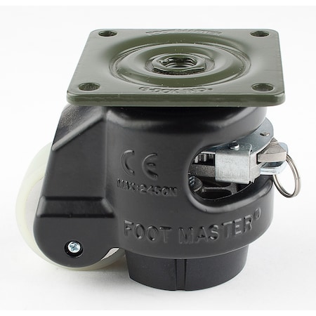 Leveling Caster, Ratchet, 50 mm PU Wheel, 73x73 mm Plate, Swivel, 250 kg Cap, NBR Foot Pad, Black MPN:GDR-60-F-HUP-FBL