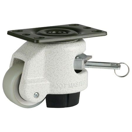 Leveling Caster, Ratchet, 50 mm PU Wheel, 2-1/2 x 3-1/4 Plate, Swivel, 250 kg Cap, NBR Pad, Ivory MPN:GDR-60-F-HUP-PUS