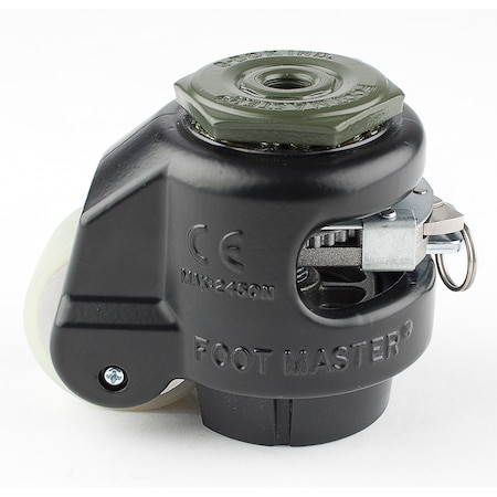 Leveling Caster, Ratchet, 50 mm PU Wheel, M12x1.75P Stem, Swivel, 250 kg Cap, NBR Foot Pad, Black MPN:GDR-60-S-HUP-FBL