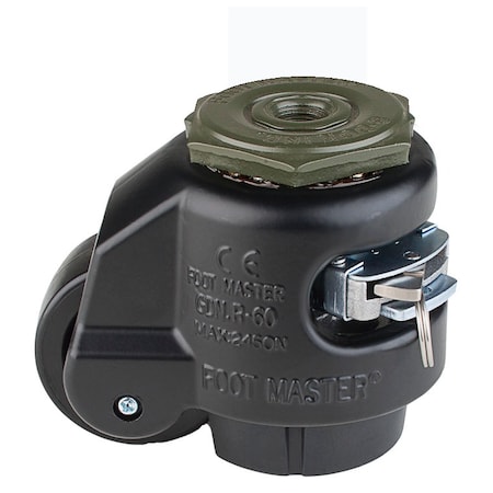 Leveling Caster, Ratchet, 50 mm Nylon Wheel, M12x1.75P Stem, Swivel, 250 kg Cap, NBR Foot Pad, Black MPN:GDR-60-S-NYN-FBL