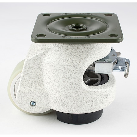Leveling Caster, Ratchet, 63 mm PU Wheel, 90x90 mm Plate, Swivel, 550 kg Cap, NBR Foot Pad, Ivory MPN:GDR-80-F-HUP